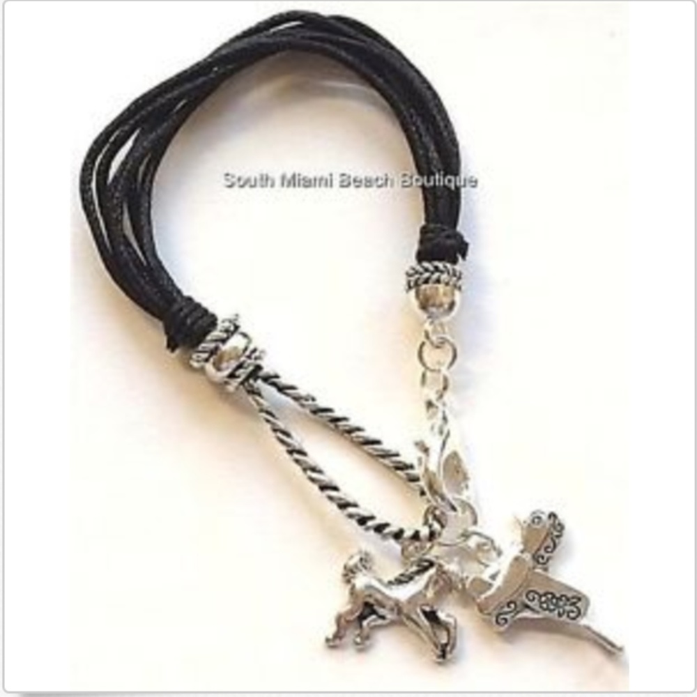 Silver Horse Bracelet Country Western Cowgirl Plated 7-8" Black Cord